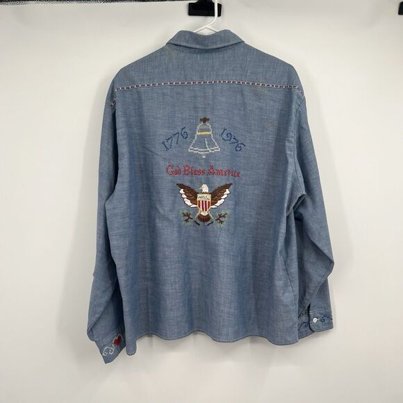 VTG 1970's Big Mac Womens Blue Embroidered Chambray Shirt God Bless America - Picture 5 of 10